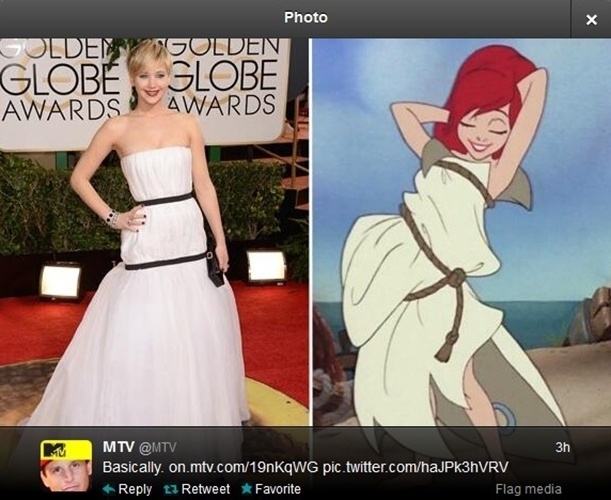12.jan.2014 - O perfil oficial da MTV norte-americana posta em seu Twitter uma comparação entre o vestido de Jennifer Lawrence e os farrapos vestidos por Ariel em cena de "A Pequena Sereia"