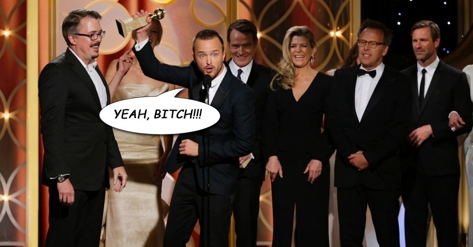 "YEAH, BITCH!!!", Aaron Paul comemora o prêmio de melhor série dramática com o bordão (e palavrão) preferido de seu personagem, Jesse Pinkman, na série do canal AMC - Reprodução/CNN.com