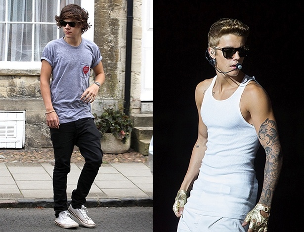Os cantores Harry Styles (esq.) e Justin Bieber oferecem boas sugestões de looks para os rapazes, em estilos que vão do casual ao mais arrumado - Getty Images