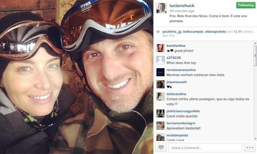 21.jan.2014 - Angelica e Luciano Huck curtem estação de esqui agarradinhos