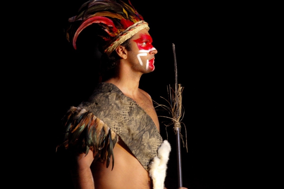 22.jan.2014 - Armando Babaioff vive líder da tribo Tibiriçá na 32º Encenação da Fundação da Vila de São Vicente, no litoral de São Paulo. O espetáculo reuniu cerca de 5 mil espectadores na Praia do Gonzaguinha  - Marcos Ribas/Photo Rio News