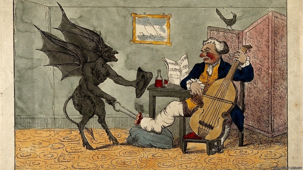 A gota é conhecida como uma das doenças mais dolorosas. Nesta ilustração de HW Bunbury (1785), o diabo está ocupado com o pé de um oficial aposentado da Marinha. Mas o seu nariz vermelho e o vinho à mesa sugerem que a causa de seu mal é menos prosaica - Wellcome Libray