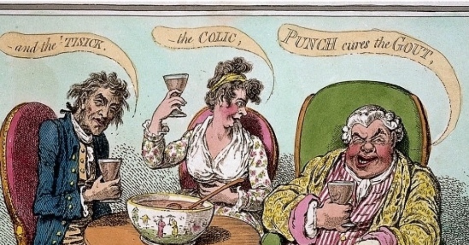 A gravura acima, de James Gillray, publicada em 1799, retrata um homem obeso com gota e consumindo álcool junto com dois amigos. Na ilustração, o homem está mergulhando suas pernas em um ponche, junto a uma mulher que sofre de cálculo renal e outro homem com tosse - Wellcome Libray