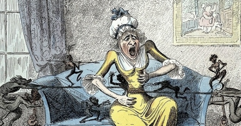 A mulher nesta gravura de George Cruikshank (1819) sofre de cálculo e sua dor é ilustrada por demônios esticando uma corda ao redor de seu estômago. O sistema de saúde pública do Reino Unido (NHS, na sigla em inglês) descreve a doença como uma "dor repentina e severa que normalmente dura de uma a cinco horas". Hoje em dia, os pacientes podem recorrer a analgésicos, ou mesmo cirurgia para retirar as pedras - Wellcome Libray