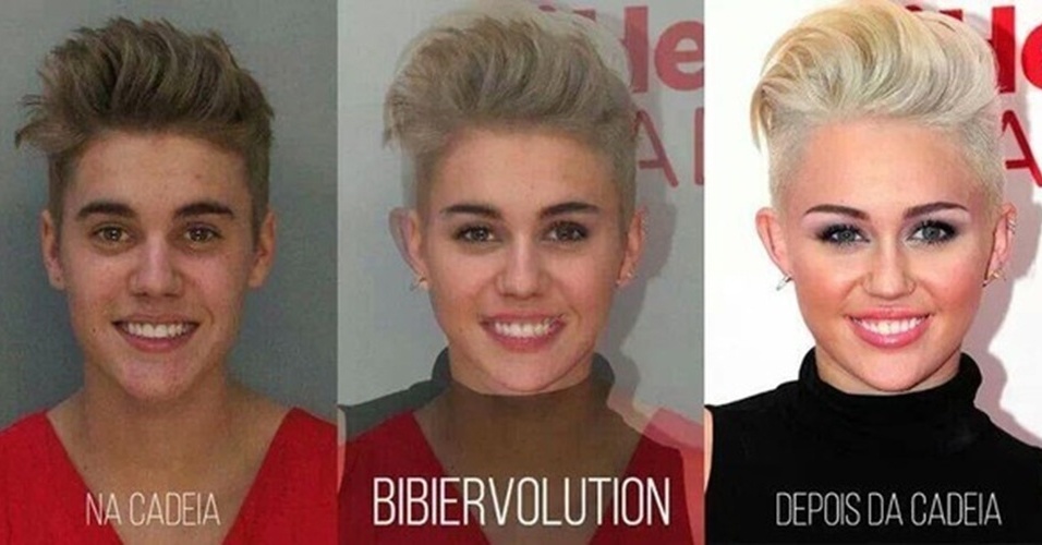 Após ser preso por dirigir alcoolizado, Justin Bieber virou piada na internet. A foto onde aparece sorrindo ao ser fichado virou alvo de montagens feitas pelos internautas. O astro pop chegou a ser comparado com Miley Cyrus