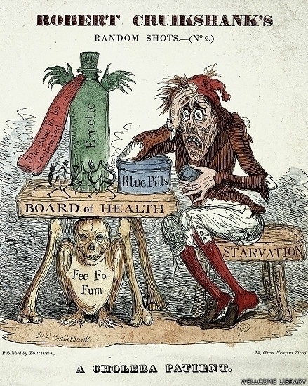 Na gravura de Robert Cruikshank, publicada en,1832, um paciente com cólera experimenta uma variedade de remédios inúteis - Wellcome Libray