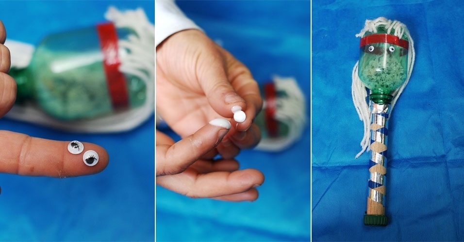 Nessa etapa de produção da maraca, é preciso aplicar cola branca nos olhinhos, fixando-os na parte da frente da garrafa. Em vez de comprar os olhos prontos, você também pode fazê-los com papel e caneta - Reinaldo Canato/UOL