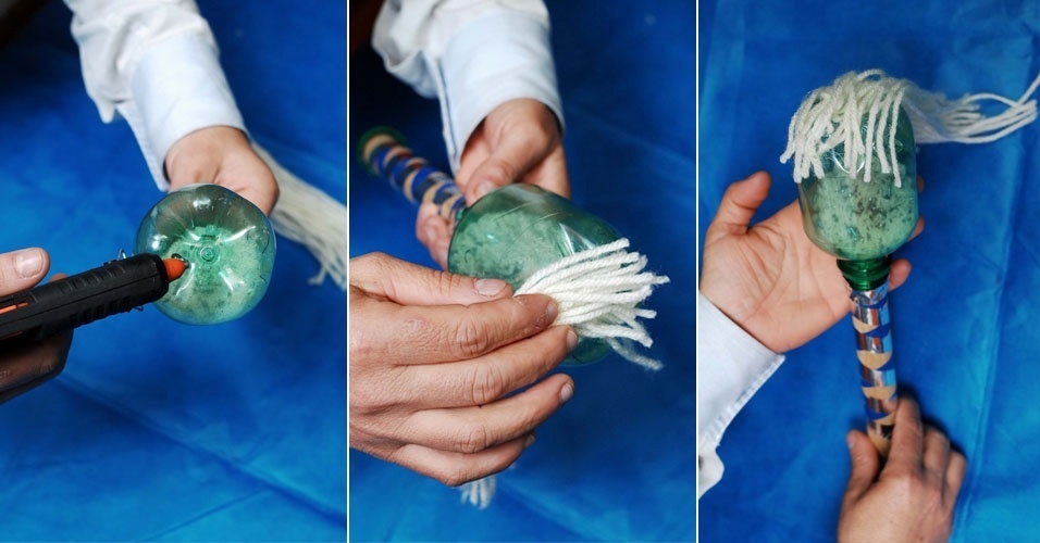 A próxima etapa é enfeitar a maraca. Aplique cola quente na base da garrafa e fixe fios de lã para fazer o cabelo de um bonequinho - Reinaldo Canato/UOL