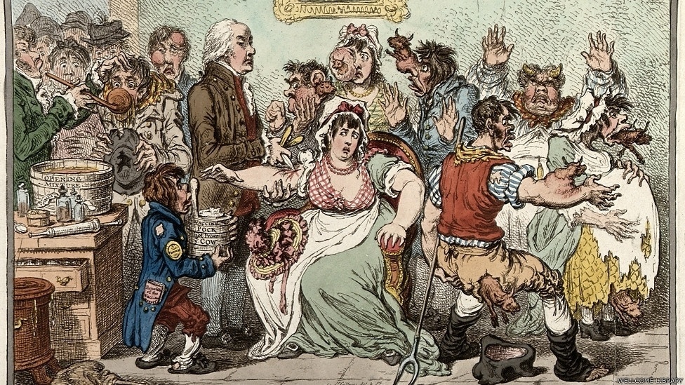 Publicada em 1802, a maravilhosa caricatura acima retrata o médico Edward Jenner no hospital de St Pancras, em Londres. A imagem estampa o medo e o ceticismo inicial de muitos sobre a perspectiva de serem inoculados com varíola bovina para proteger-se de uma doença muito mais séria, a varíola. O termo "vacina" deriva do latim 'vacca' (vaca) - Wellcome Libray