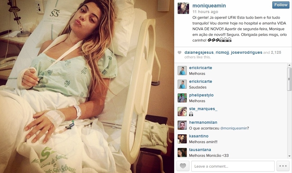 23.jan.2014 - Monique mostra foto em que aparece na cama do hospital