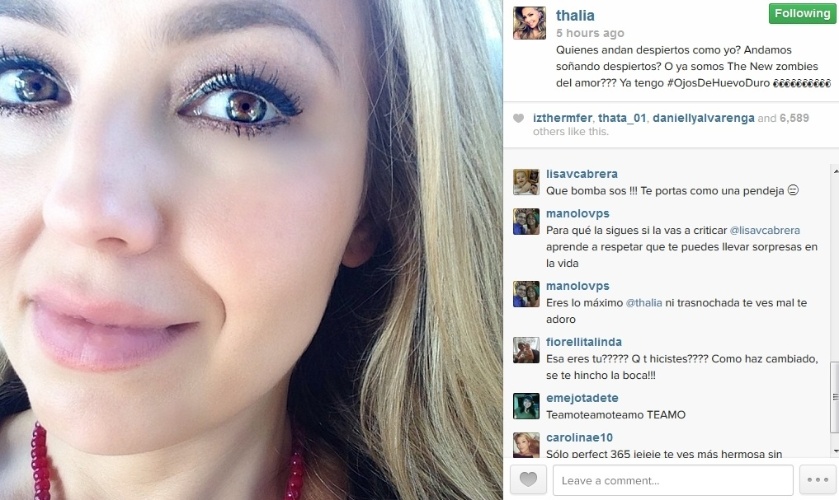 24.jan.2014 - Thalia publica foto de close e aparece com a boca diferente