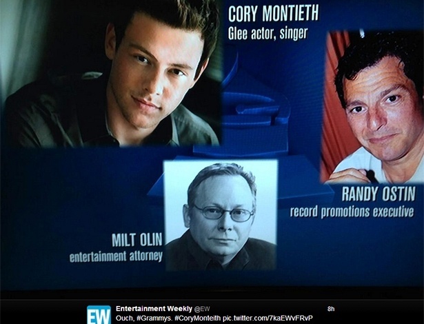 26.jan.2014 - Nome de Cory Monteith aparece escrito de forma errada no Grammy