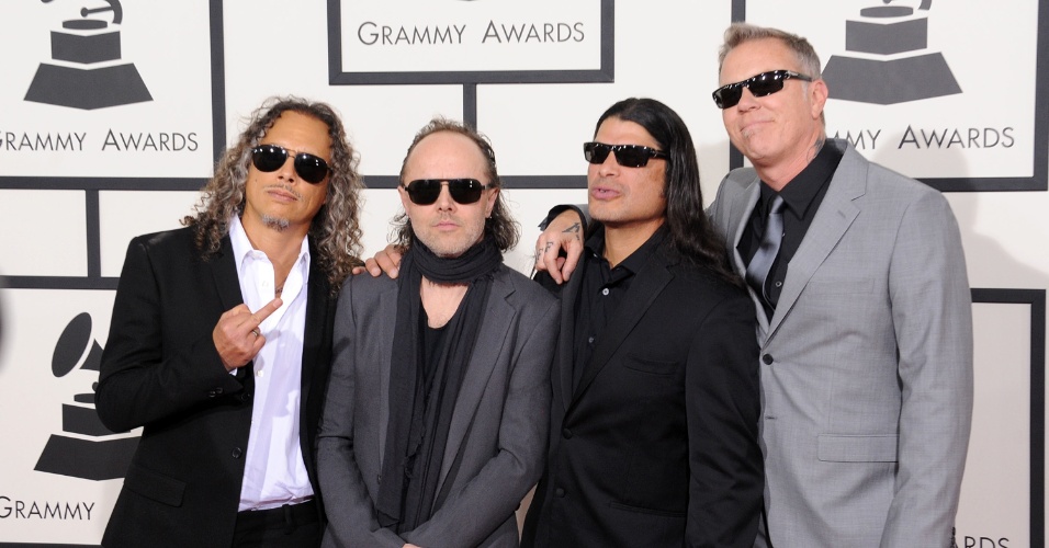 26.jan.2014 - O Metallica no tapete vermelho da 56ª edição dos prêmios Grammy, em Los Angeles. A banda se apresentou durante a cerimônia junto ao pianista erudito chinês Lang Lang, tocando "One".
