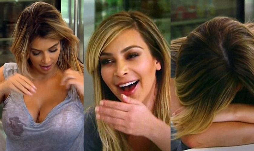 27.jan.2014 - Kim Kardashian fica sem graça após leite vazar em programa de TV