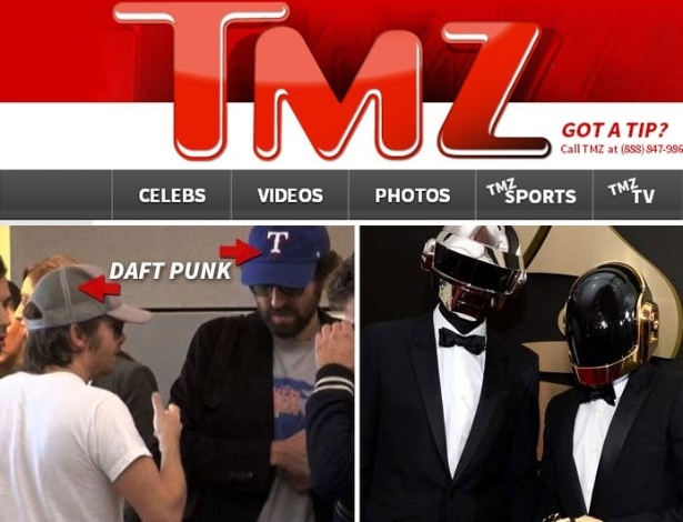 29.jan.2014 - Site "TMZ" flagra integrantes do Daft Punk sem os capacetes de robôs - Reprodução/PrintScreen