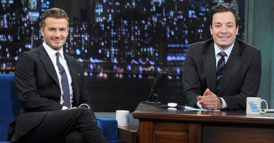 31.jan.2014 - O ex-jogador de futebol inglês David Beckham participa do programa "Late Night With Jimmy Fallon", no Rockfeller Center, em Nova York
