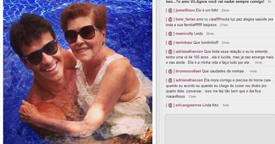 03.fev.2014 - Rodrigo Faro homenageia a avó. Em seu Instagram, o apresentador divulgou imagem na piscina com sua avó no colo e escreveu: 