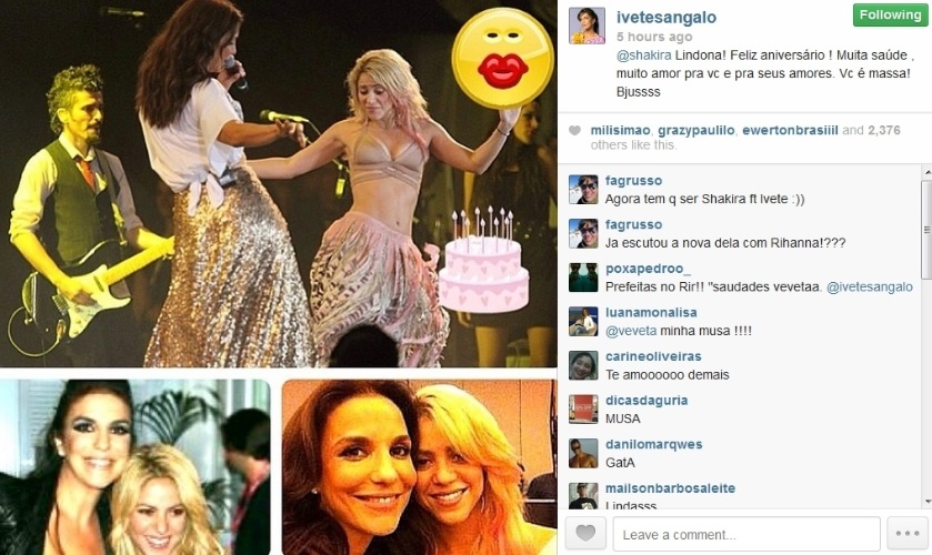 3.fev.2014 - Ivete Sangalo posta fotos com Shakira e dá parabéns
