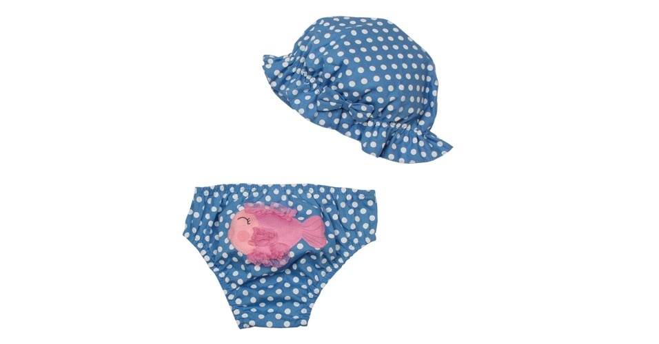 Biquíni feito de popeline com estampa de poás e aplicação de peixinho. Disponível nos tamanhos zero a 12 meses. Da marca Alphabeto (www.alphabeto.com), R$ 55. Preço consultado em fevereiro de 2014 e sujeito a alterações - Divulgação