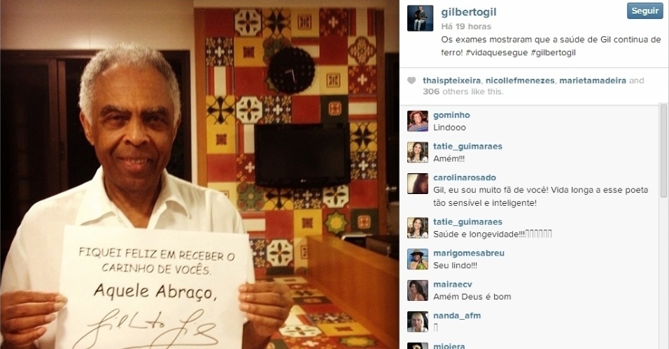 08.fev.2014 - Gilberto Gil publica imagem no Instagram em agradecimento aos fãs