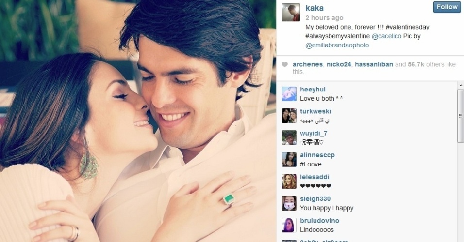 14.fev.2014 - Kaká se declarou para a mulher, Carol Celico, no "Valentine's Day", o Dia dos Namorados celebrado ao redor do mundo