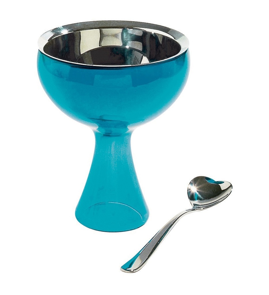 Produzida pela italiana Alessi, a taça para sorvete Big Love é fabricada em inox e resina colorida. O produto mede 15 cm x 12 cm e acompanha colher. À venda na Benedixt (www.benedixt.com.br) por R$ 368 cada - Divulgação