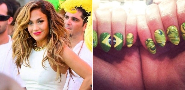 Jennifer Lopez investe na nail art e escolhe as cores verde e amarelo para homenagear o Brasil - Reprodução/Instagram/Montagem/UOL