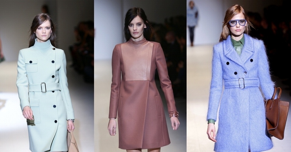 19.fev.2014 - A Gucci focou nos casacos acinturados em cores suaves e doces para o Inverno 2014. As peças vinha como destaque do look, cobrindo as roupas debaixo - Getty Images