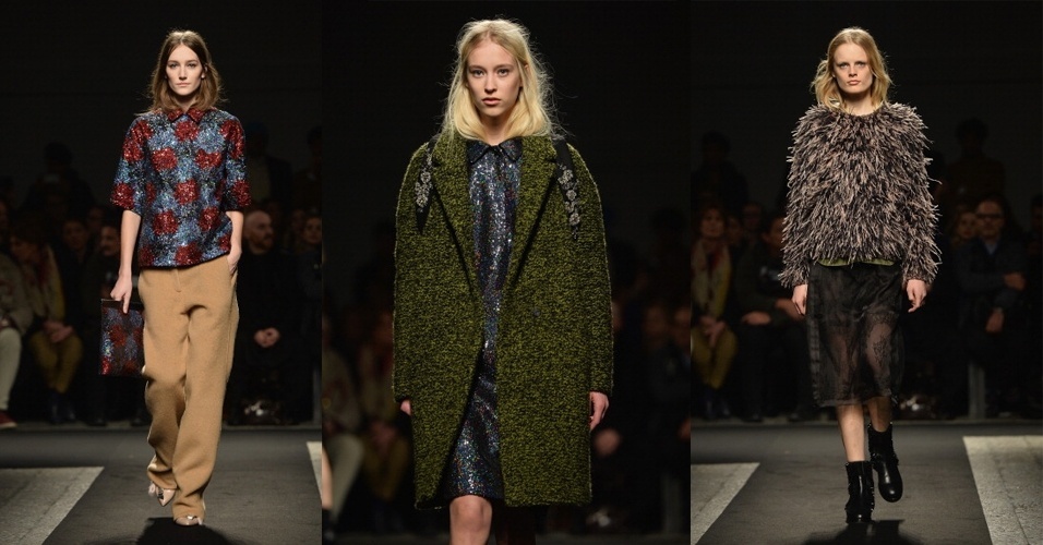 19.fev.2014 - A marca No. 21, do estilista Alessandro Dell?Acqua, misturou a alfaiataria masculina em cores sóbrias, com o paetê holográfico e brilhante dos vestidos de festa. O resultado é um mix de texturas em silhuetas propositalmente desleixadas - Getty Images