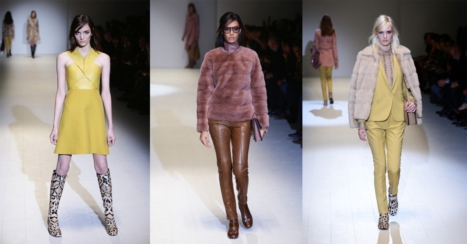 19.fev.2014 - Com uma cartela de cores suave, que deu destaque aos tons claros,  mas ao mesmo tempo sujos, a estilista Frida Giannini, da Gucci, disse ter se inspirado na essência da marca para criar o Inverno 2014. As formas retas e femininas com golas fechadas e foco na alfaiataria trazem referências dos anos 1960 e 1970 - Getty Images