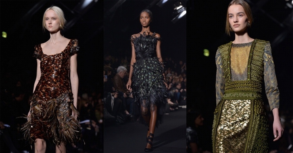 19.fev.2014 - Na coleção de Alberta Ferretti não faltaram texturas. As peças foram decoradas com bordados de penas e escamas, compostas com rendas, lãs, paetê e brocados - Getty Images