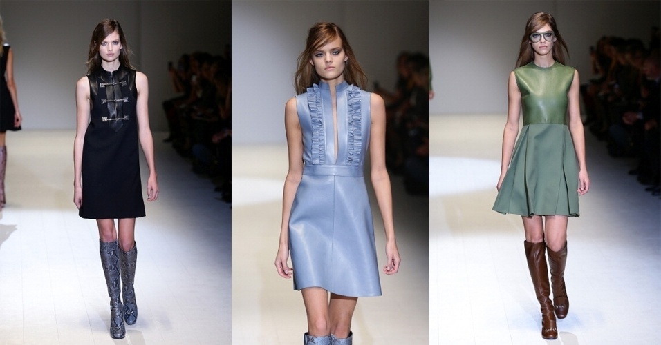 19.fev.2014 - O comprimento dos vestidos aparecem no meio da coxa e são usados com bota de cano longo, o que reforça a estética sessentista da coleção da Gucci - Getty Images