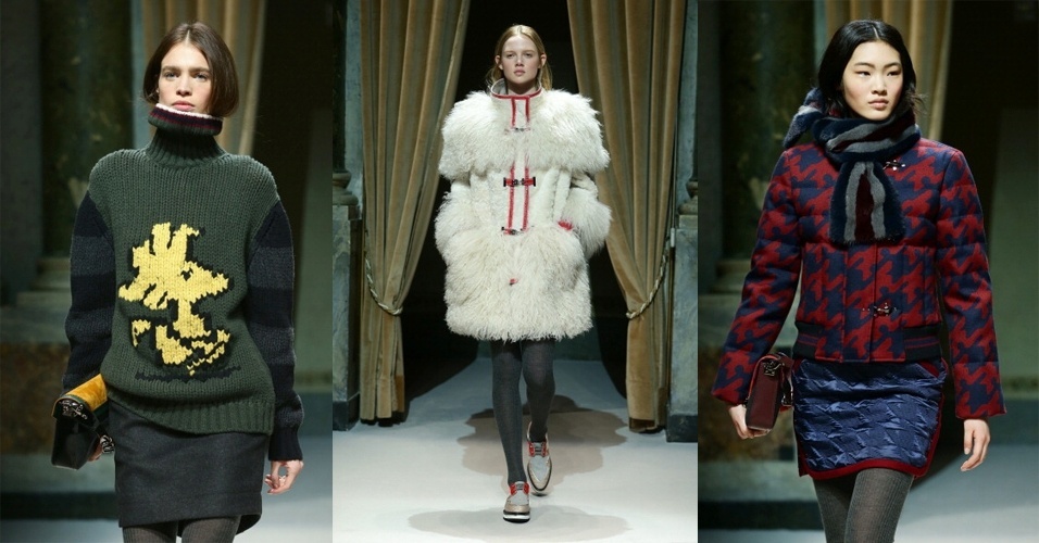 19.fev.2014 - Os estilistas Tommaso Aquilano e Roberto Rimondi, da Fay, brincaram com o universo colegial para criar a coleção desfilada em Milão. Com casacos pesados e looks que cobriam todo o corpo, a marca usou estampas gráficas clássicas em cores contrastantes nas peças volumosas. Os destaques foram a estampa com o desenho do Woodstock, do Snoopy e das jaquetas de time de colégio - Getty Images