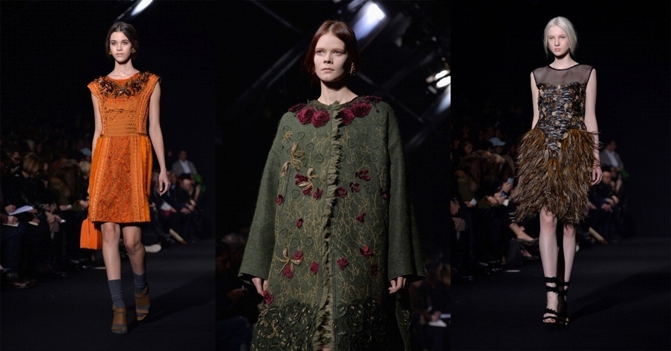 19.fev.2014 - Para o Inverno 2014, a estilista Alberta Ferretti se inspirou na floresta. O que explica as cores sóbria da coleção, que englobou diferentes tons de verde musgo e marrom, com toques em rosa sujo, laranja, vermelho, preto e branco - Getty Images