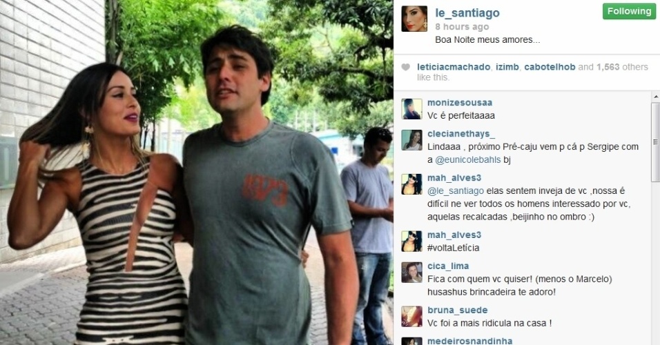 20.fev.2014 - Letícia posta foto com Bruno de Luca em sua conta do Instagram. Na imagem, a ex-BBB aparece jogando o cabelo e com seu 