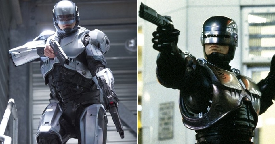 Dois momentos de Robocop: no filme de Padilha de 2014 e na versão de Paul Verhoeven, em 1987 - Divulgação