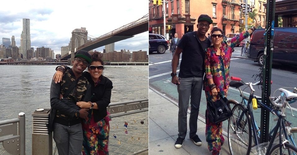 Regina Casé posa com o ator e cantor Mumuzinho em Nova York. Eles passaram férias juntos ano passado