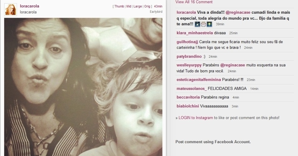 25.fev.2014 - A atriz Carolina Dieckmann usou o Instagram para homenagear Regina e mostrou uma foto da apresentadora com seu filho José. "Viva a dinda!", escreveu a atriz na legenda da imagem