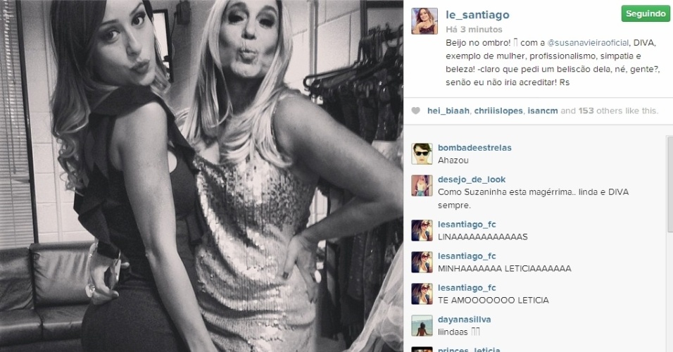 25.jan.2014 - Letícia posta foto ao lado da atriz Susana Vieira mandando 'beijinho no ombro'. 