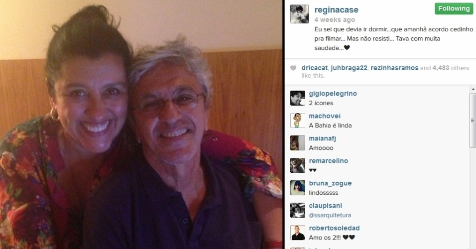 No Instagram, Regina Casé mostra foto ao lado de Caetano Veloso. "Estava com muita saudade", escreveu ela na legenda da imagem