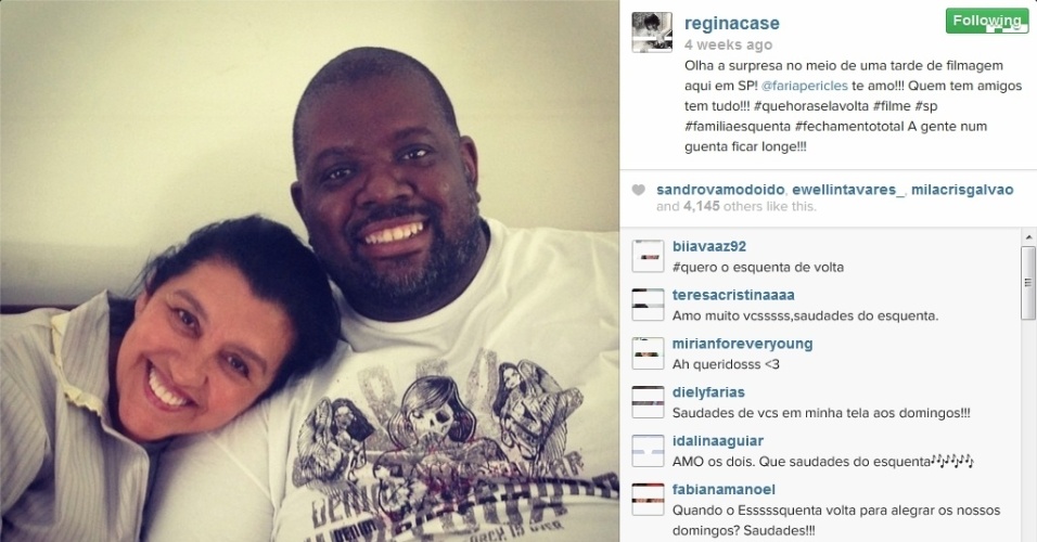 Regina Casé posa ao lado do cantor Péricles em foto publicada no Instagram
