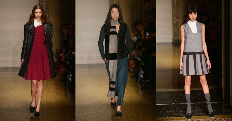 19.fev.2014 - Na coleção de inverno da Chicca Lualdi Beequeen tecidos masculinos tiveram uma transformação feminina com a sobreposição de peles tom sobre tom, painéis com estampas geométricas e tons pastel sobre metalizados. As peças deram ênfase a silhuetas dos anos 1960 como saias plissadas em linha "A" combinadas à golas assimétricas - Getty Images