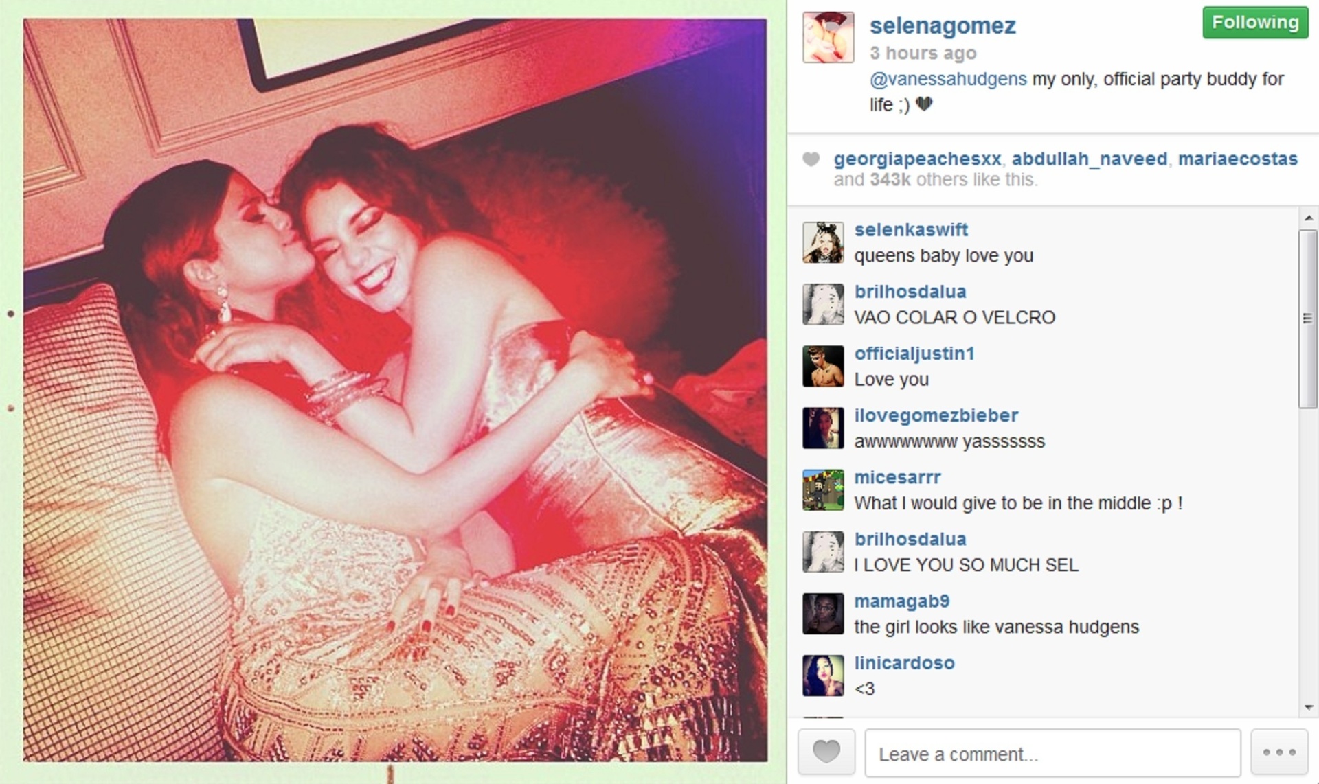 3.mar.2014 - Selena Gomez e Vanessa Hudgens dormem juntas após baile da Unicef. O clique das duas musas adolescentes na cama foi feito pela ex-namorada de Justin Bieber. A imagem das duas deitadas ainda com a roupa de gala foi compartilhada nesta segunda-feira (3), na conta oficial no Instagram de Selena