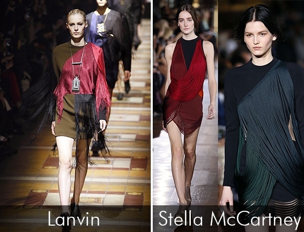 A imagem da esquerda, mostra o look com franjas apresentado pela Lanvin no dia 27 de fevereiro, já a da direita, mostra as criações de Stella McCartney, apresentadas na semana de moda de Paris em 3 de março - AFP