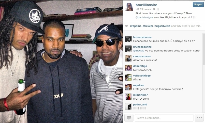 8.mar.2014 - Gabriel Ben, filho de Jorge Ben Jor, registrou seu encontro e do pai com o rapper Kanye West, que está no Rio