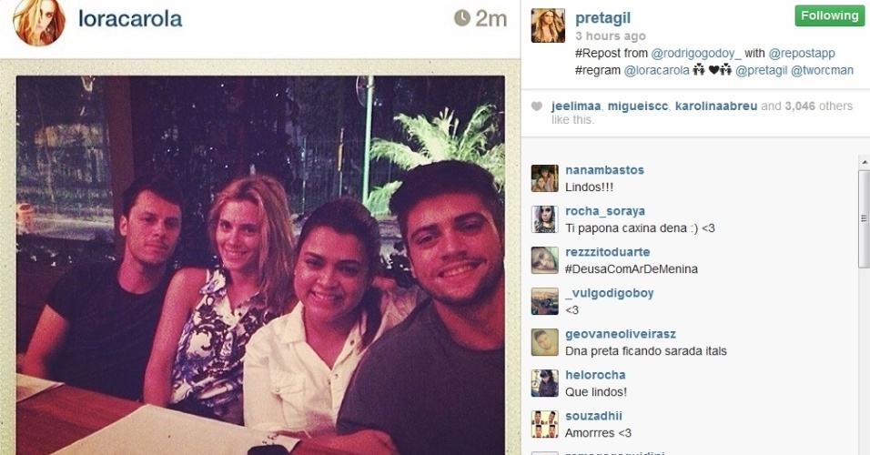 10.mar.2014 - Preta Gil mostra foto de "pizza de domingo" com namorado e amigos