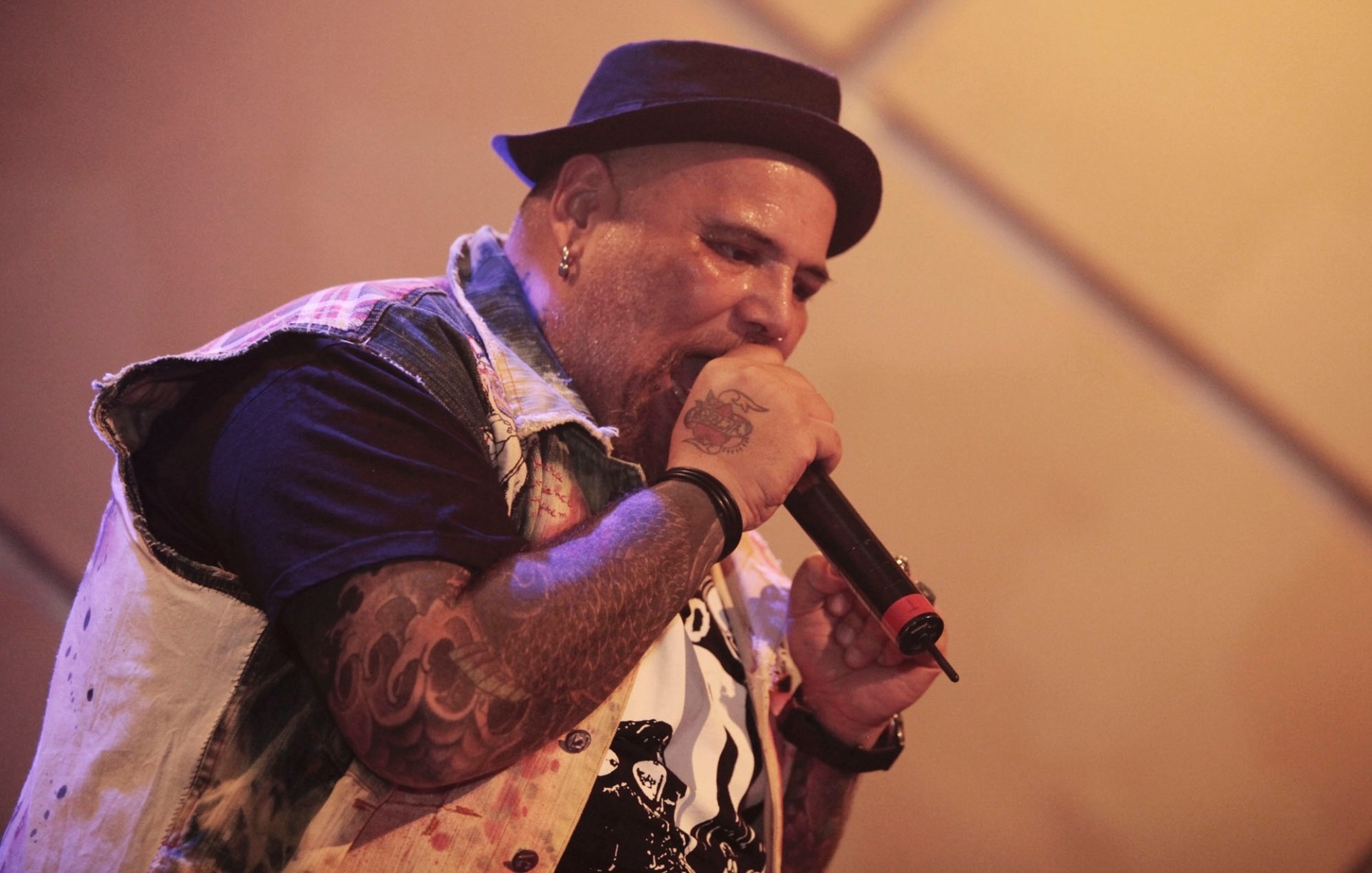 9.mar.2014 - João Gordo canta em evento "Antifolia", em São Paulo. O líder da banda de rock Ratos de Porão se apresentou para o público que não aprecia marchinhas e sambas-enredos na época de Carnaval. O festival, que também contou com shows da banda Dead Fish (como atração surpresa), Leite Paterno, e discotecagem de Thiago DJ, aconteceu na noite deste domingo (9), no Cine Joia - PhotoRioNews