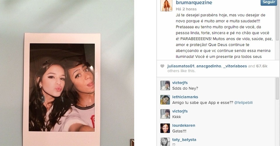 11.mar.2014 - Bruna Marquezine não está mais namorando Neymar, mas mantém contato com sua família. A atriz usou seu Instagram para parabenizar Rafaella Santos