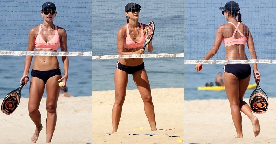 12.mar.2014 - Filha do apresentador Datena joga tênis na praia de Ipanema