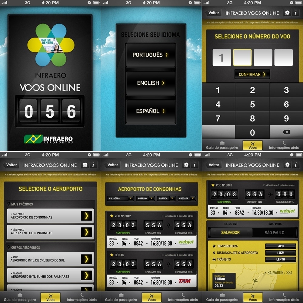 Para não perder o voo: O aplicativo InfraeroVoos Online (play.google.com/store) permite fazer consultas de horários de partidas e chegadas de voos, em 50 aeroportos de todo o Brasil, consultar a distância até o terminal aéreo mais próximo e compartilhar informações de seu voo por SMS, e-mail, Facebook ou Twitter. Com este app é possível também ver a previsão do tempo na cidade do aeroporto, ter acesso a um guia de passageiro com informações sobre o funcionamento dos aeroportos. - Reprodução
